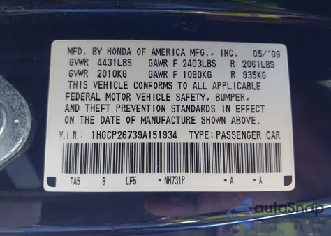 2009 Honda Accord 2.4 Ex from USA, damaged, VIN 1HGCP26739A151934